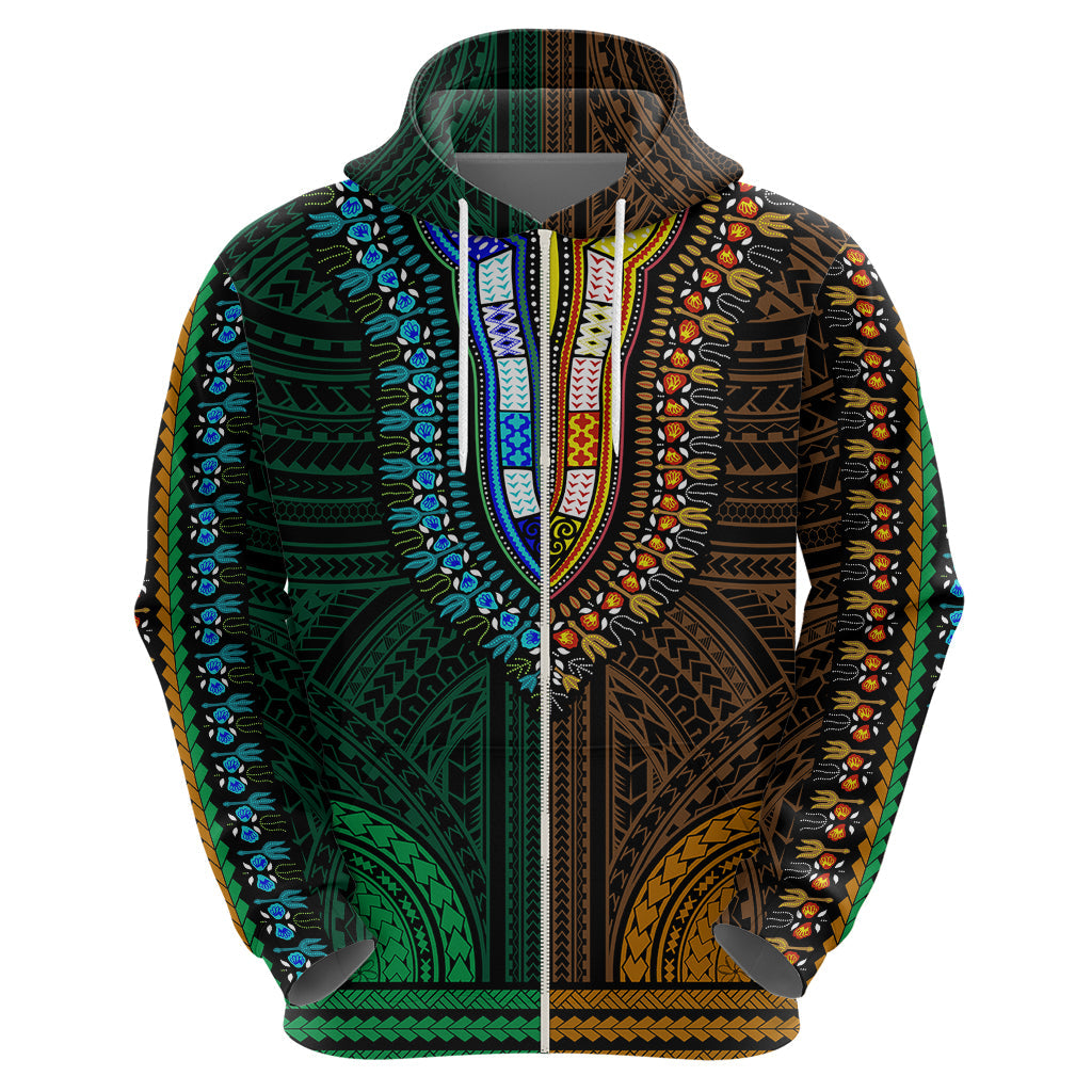 African Dashiki Hoodie With Polynesian Pattern - Half Green and Gold LT9