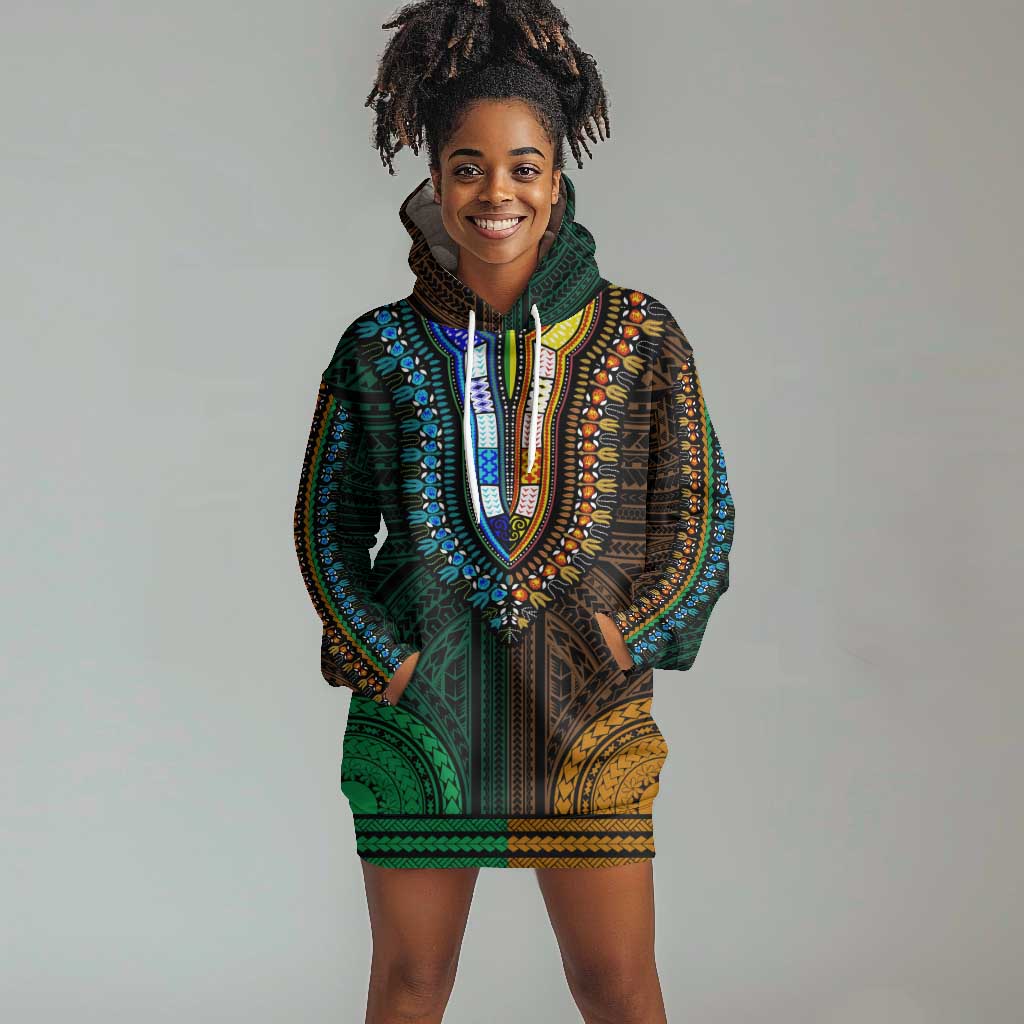 African Dashiki and Polynesian Pattern Hoodie Dress Half Green-Gold LT9