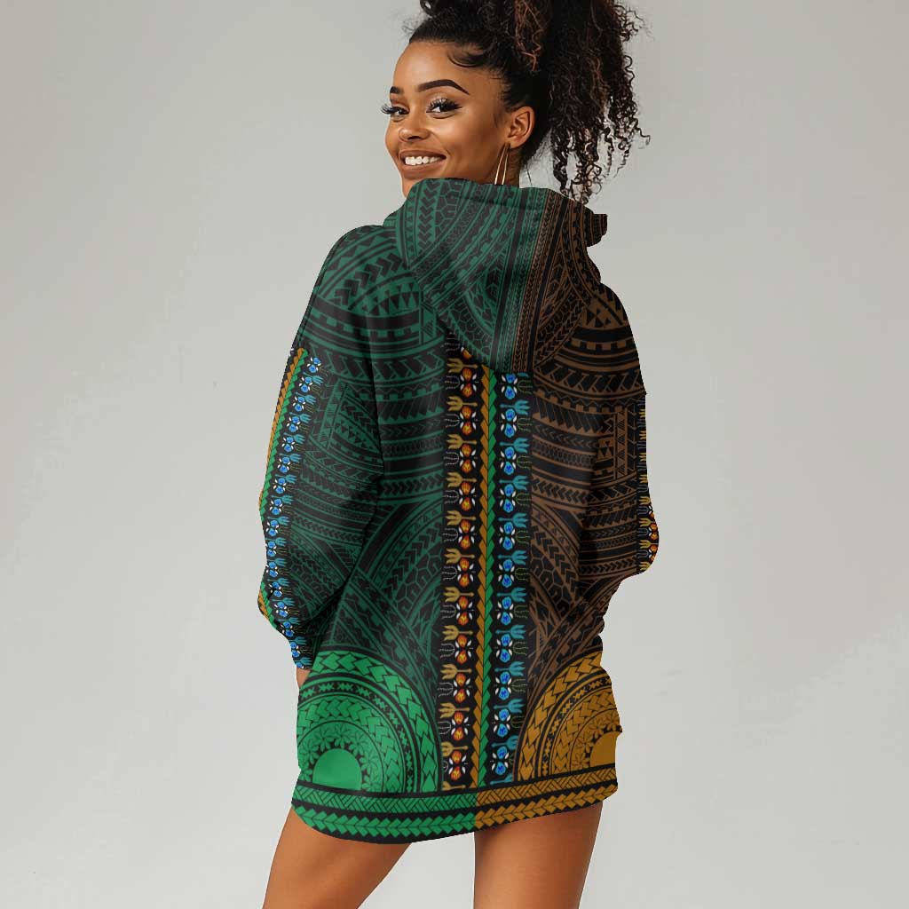 African Dashiki and Polynesian Pattern Hoodie Dress Half Green-Gold LT9