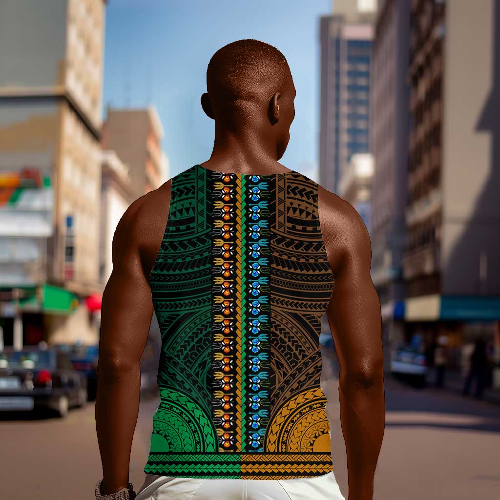 African Dashiki and Polynesian Pattern Men Tank Top Half Green-Gold LT9