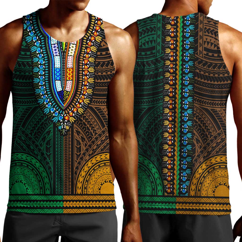 African Dashiki and Polynesian Pattern Men Tank Top Half Green-Gold LT9