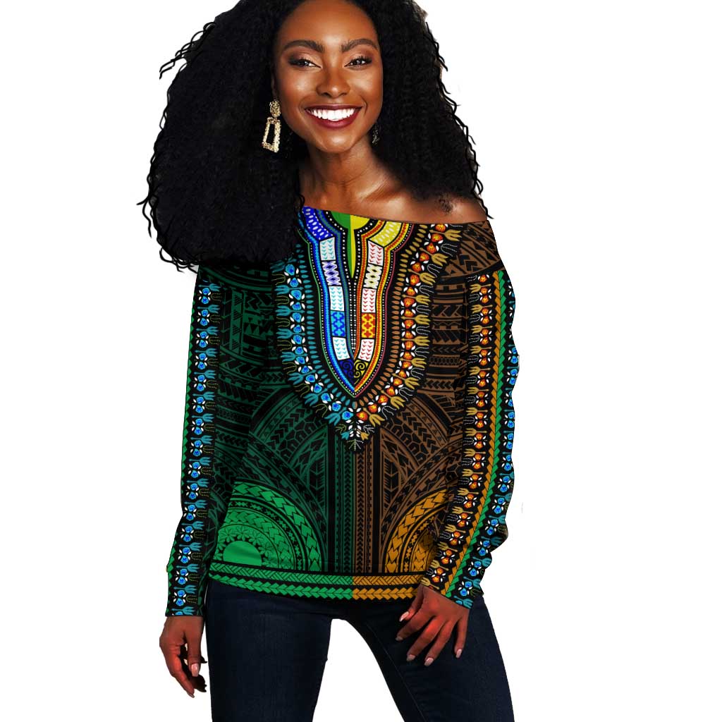 African Dashiki and Polynesian Pattern Off Shoulder Sweater Half Green-Gold LT9