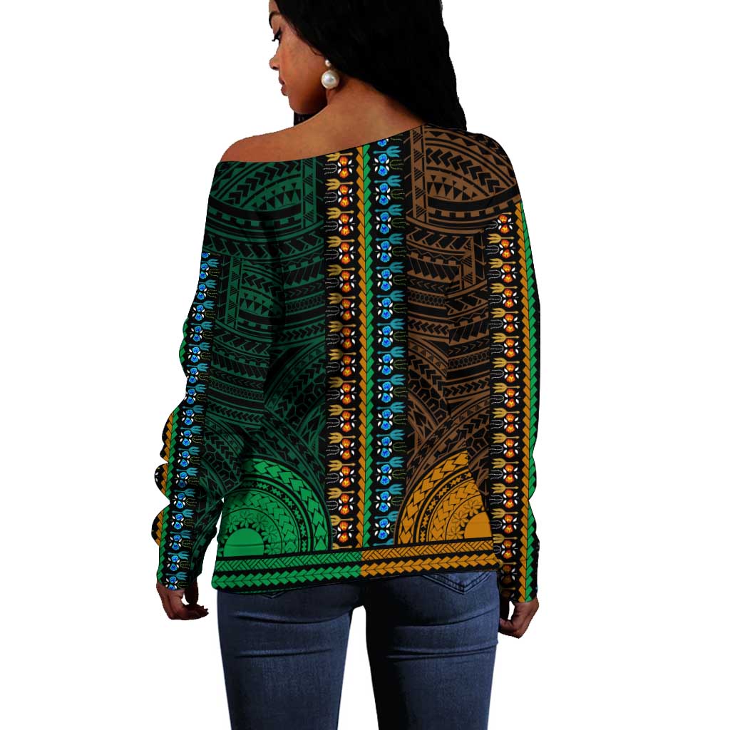 African Dashiki and Polynesian Pattern Off Shoulder Sweater Half Green-Gold LT9