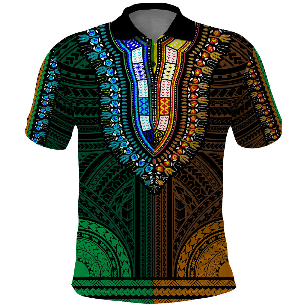 African Dashiki Polo Shirt With Polynesian Pattern - Half Green and Gold LT9