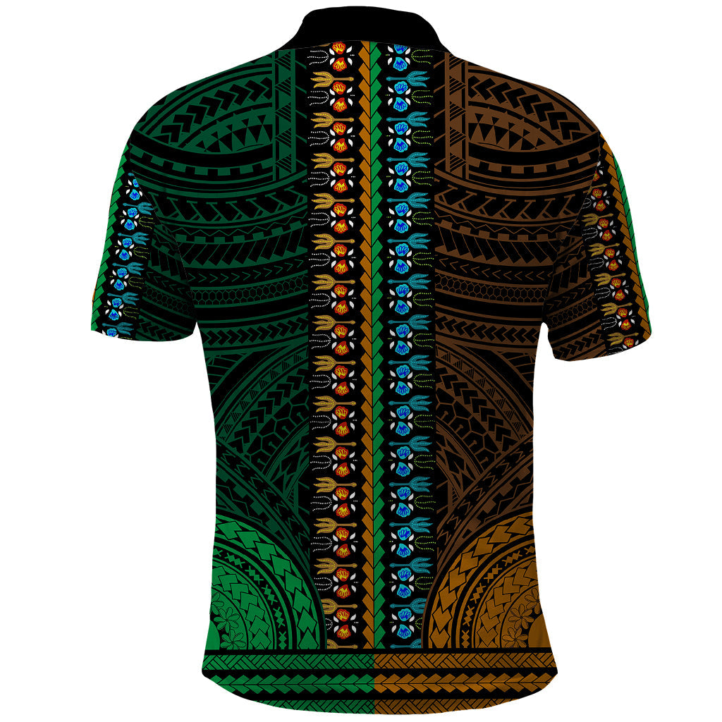 African Dashiki Polo Shirt With Polynesian Pattern - Half Green and Gold LT9