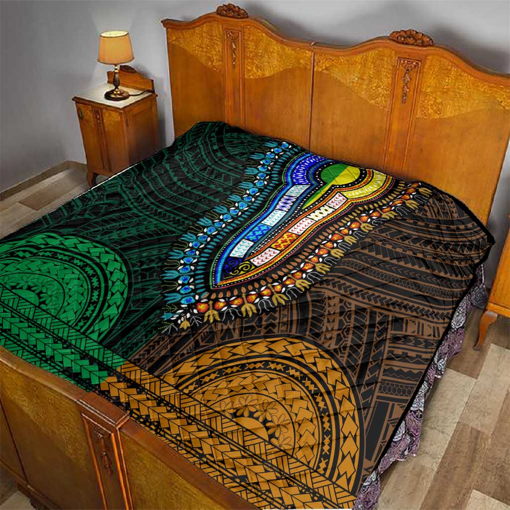 African Dashiki and Polynesian Pattern Quilt Half Green-Gold LT9