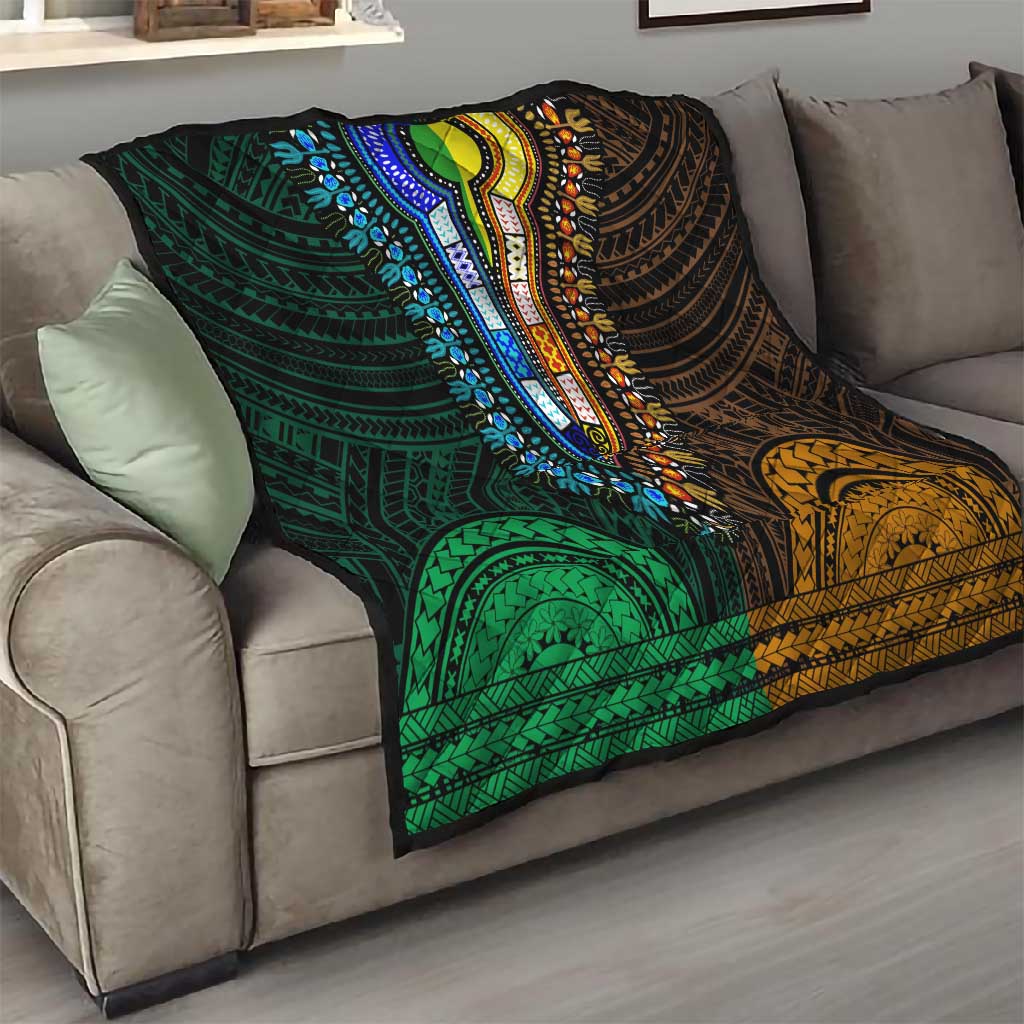 African Dashiki and Polynesian Pattern Quilt Half Green-Gold LT9