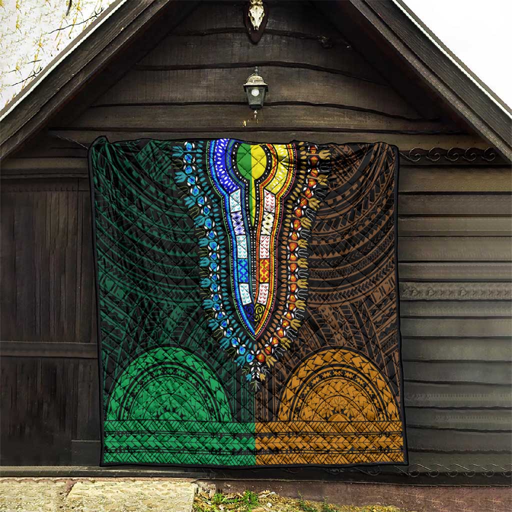 African Dashiki and Polynesian Pattern Quilt Half Green-Gold LT9