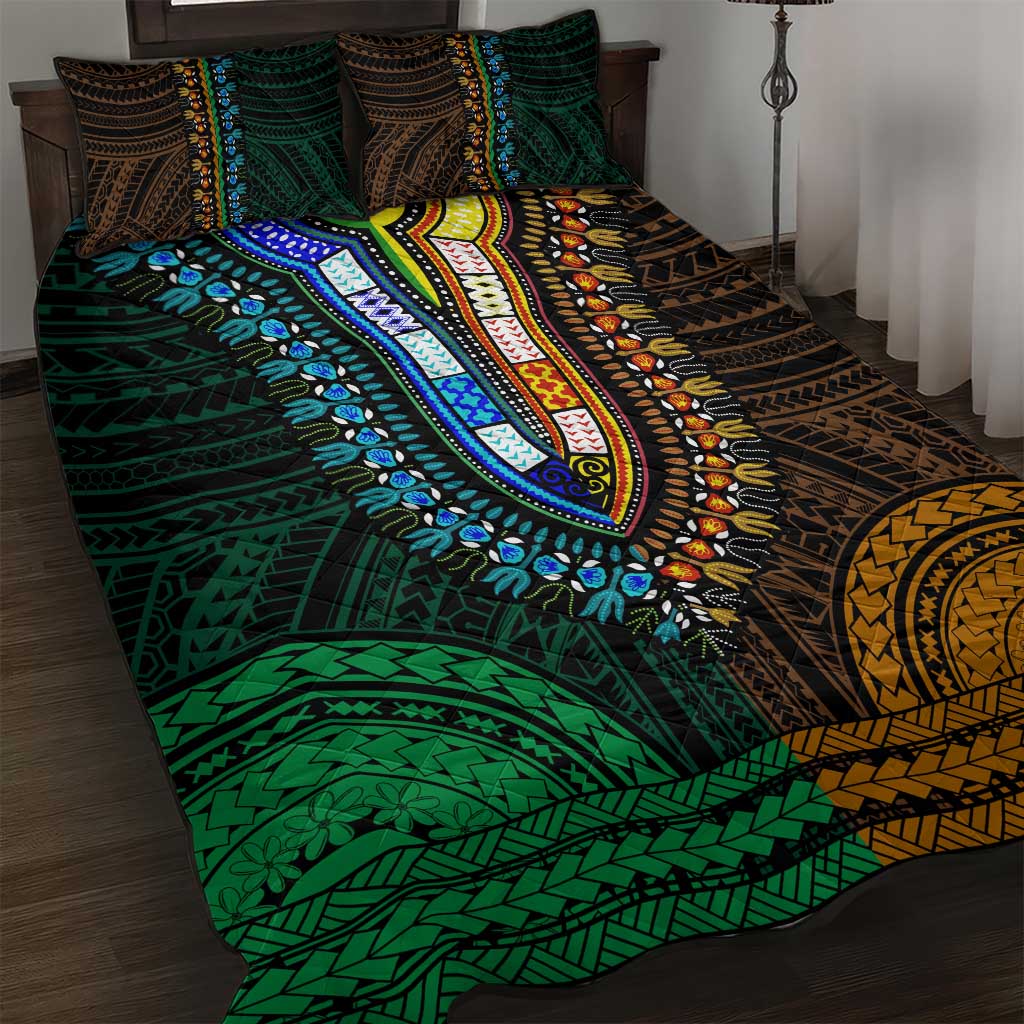 African Dashiki and Polynesian Pattern Quilt Bed Set Half Green-Gold LT9