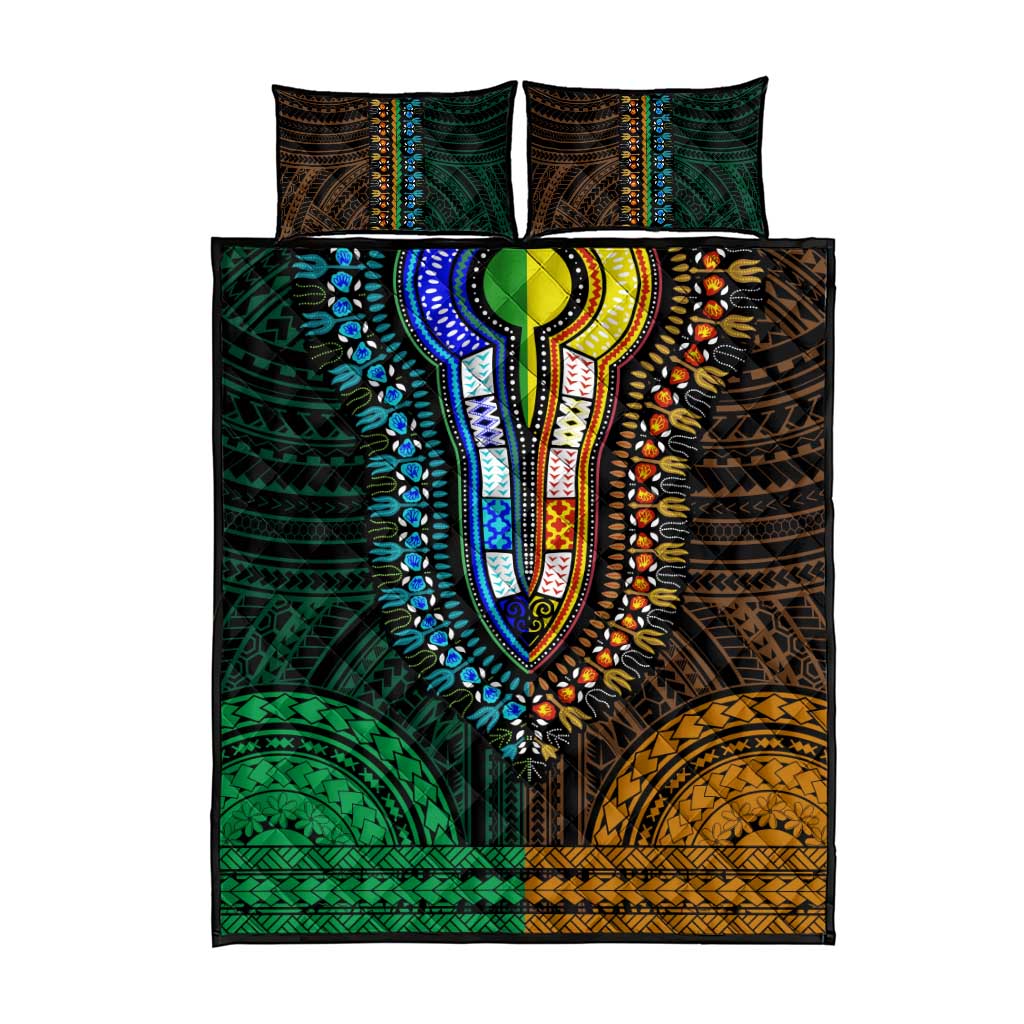 African Dashiki and Polynesian Pattern Quilt Bed Set Half Green-Gold LT9