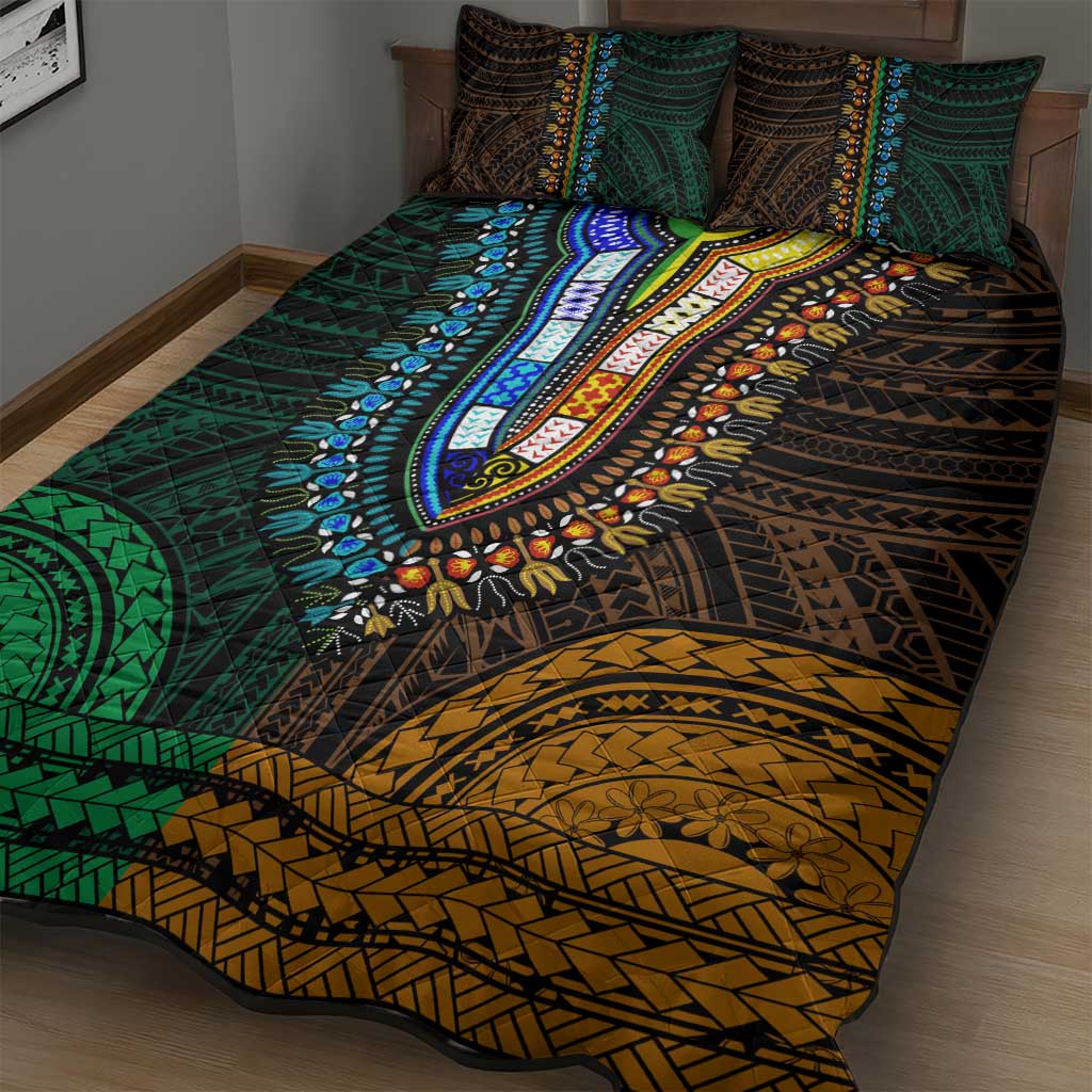 African Dashiki and Polynesian Pattern Quilt Bed Set Half Green-Gold LT9