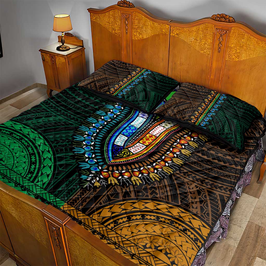African Dashiki and Polynesian Pattern Quilt Bed Set Half Green-Gold LT9