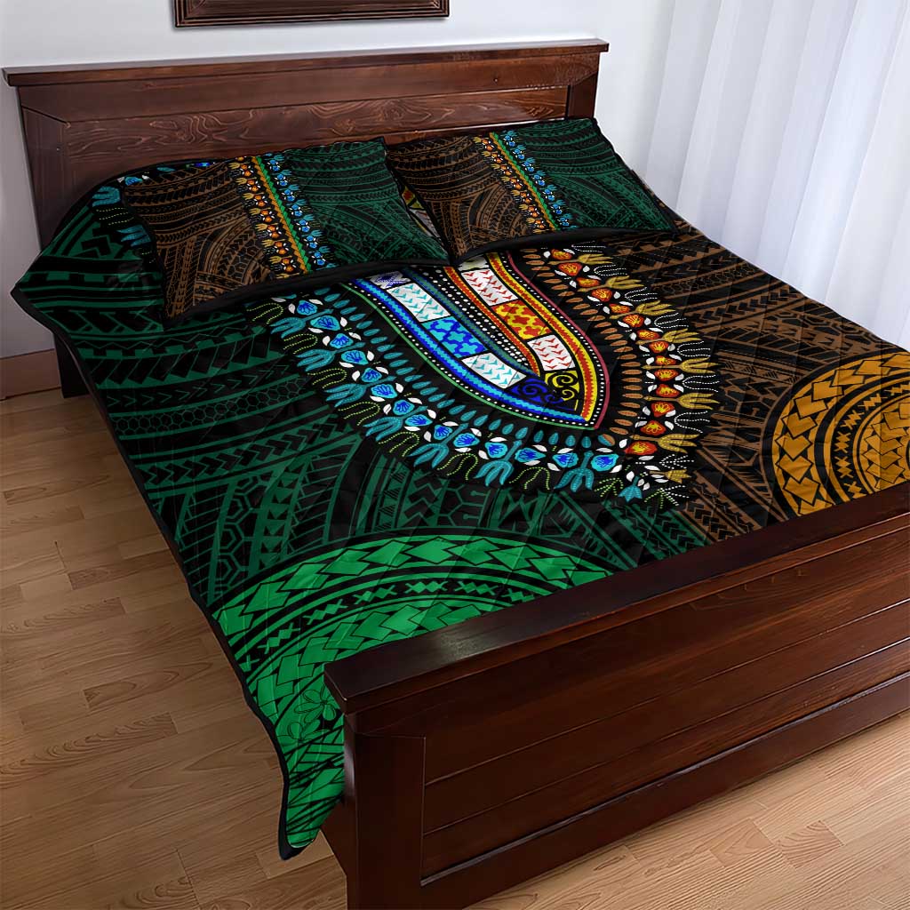 African Dashiki and Polynesian Pattern Quilt Bed Set Half Green-Gold LT9