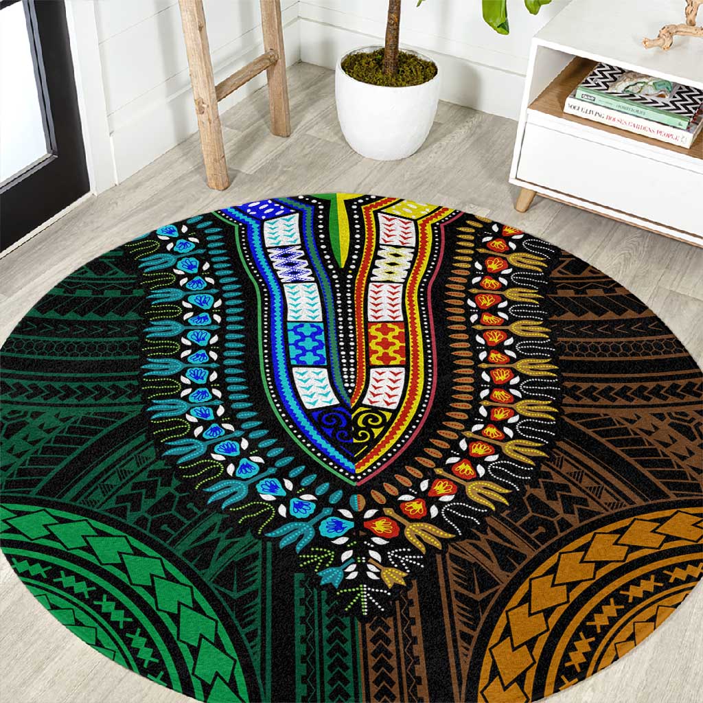 African Dashiki and Polynesian Pattern Round Carpet Half Green-Gold LT9