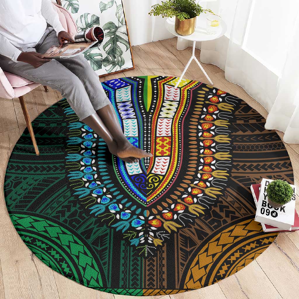 African Dashiki and Polynesian Pattern Round Carpet Half Green-Gold LT9