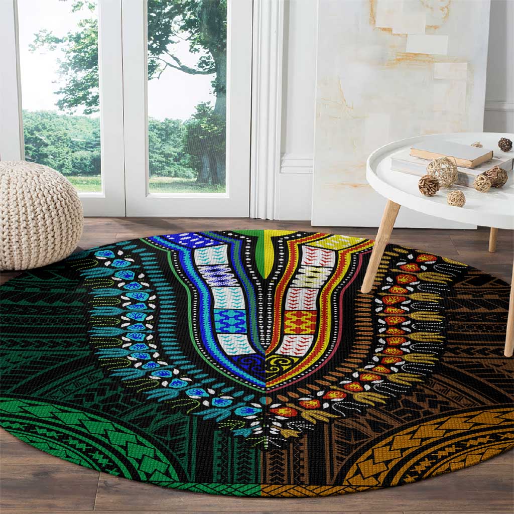 African Dashiki and Polynesian Pattern Round Carpet Half Green-Gold LT9