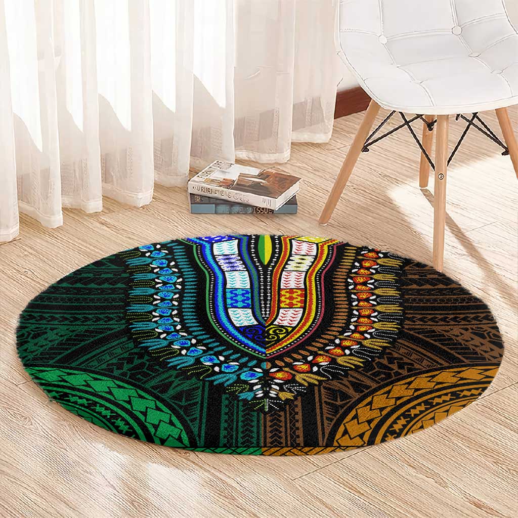 African Dashiki and Polynesian Pattern Round Carpet Half Green-Gold LT9