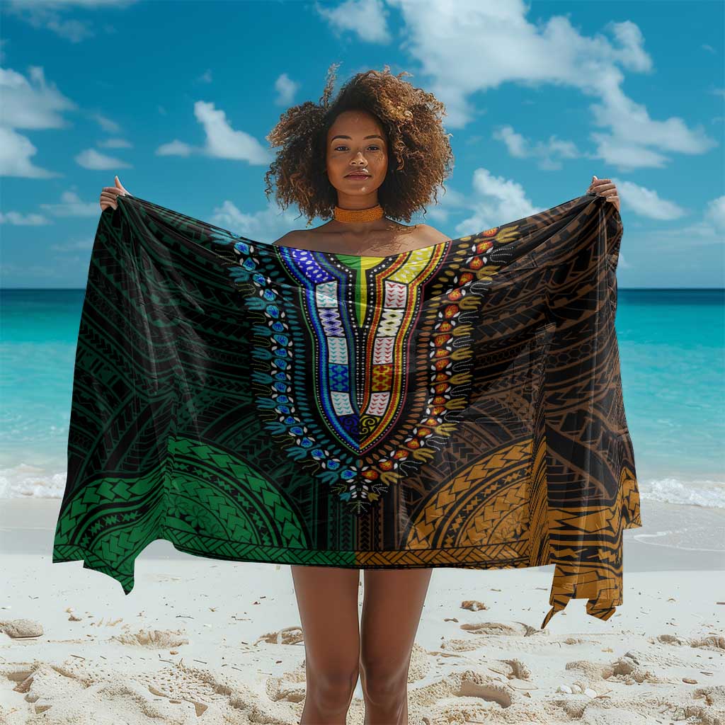 African Dashiki and Polynesian Pattern Sarong Half Green-Gold LT9