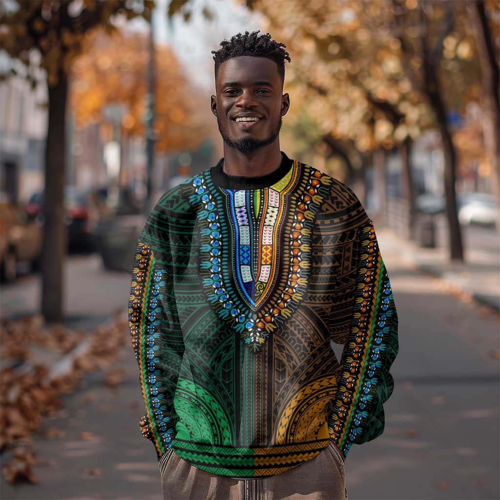 African Dashiki and Polynesian Pattern Sweatshirt Half Green-Gold LT9