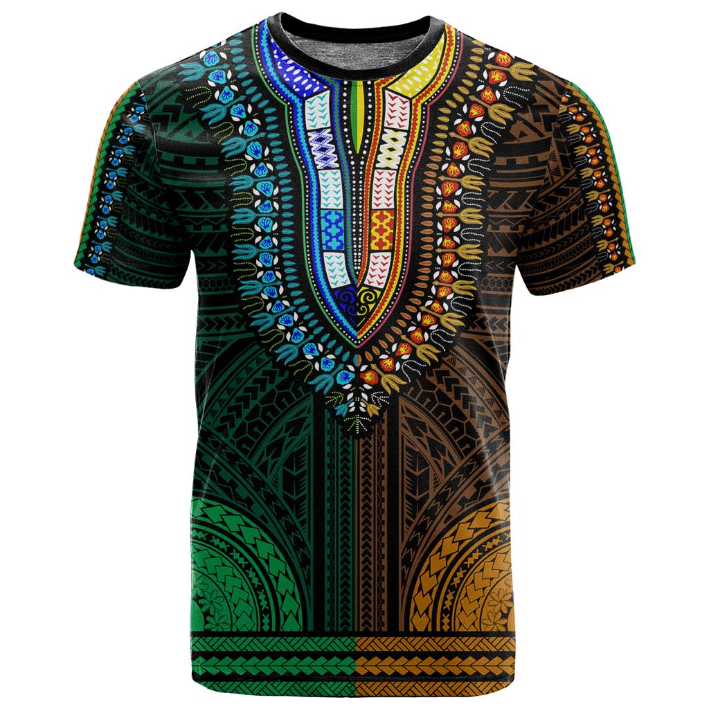 African Dashiki and Polynesian Pattern T shirt Half Green-Gold LT9