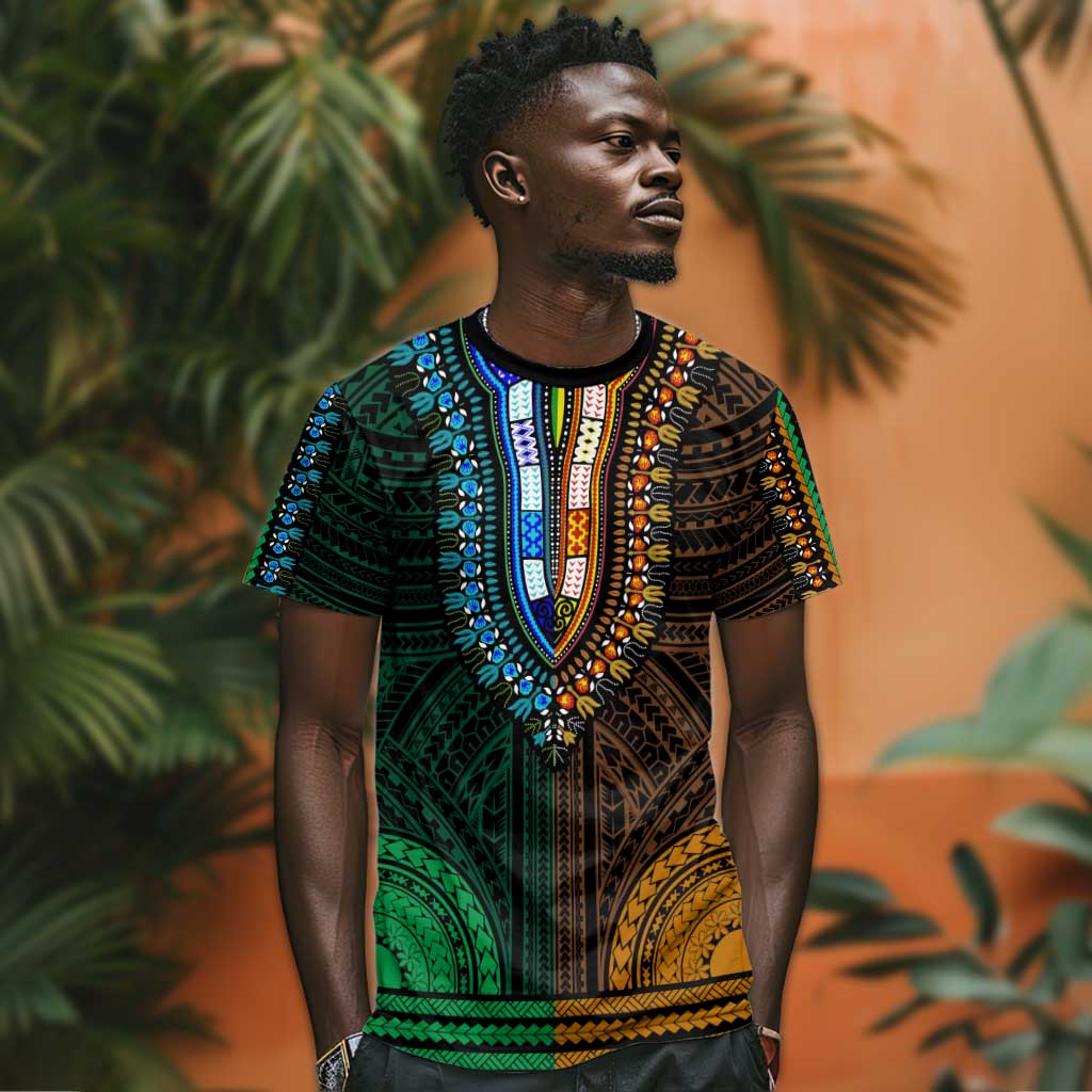 African Dashiki and Polynesian Pattern T shirt Half Green-Gold LT9