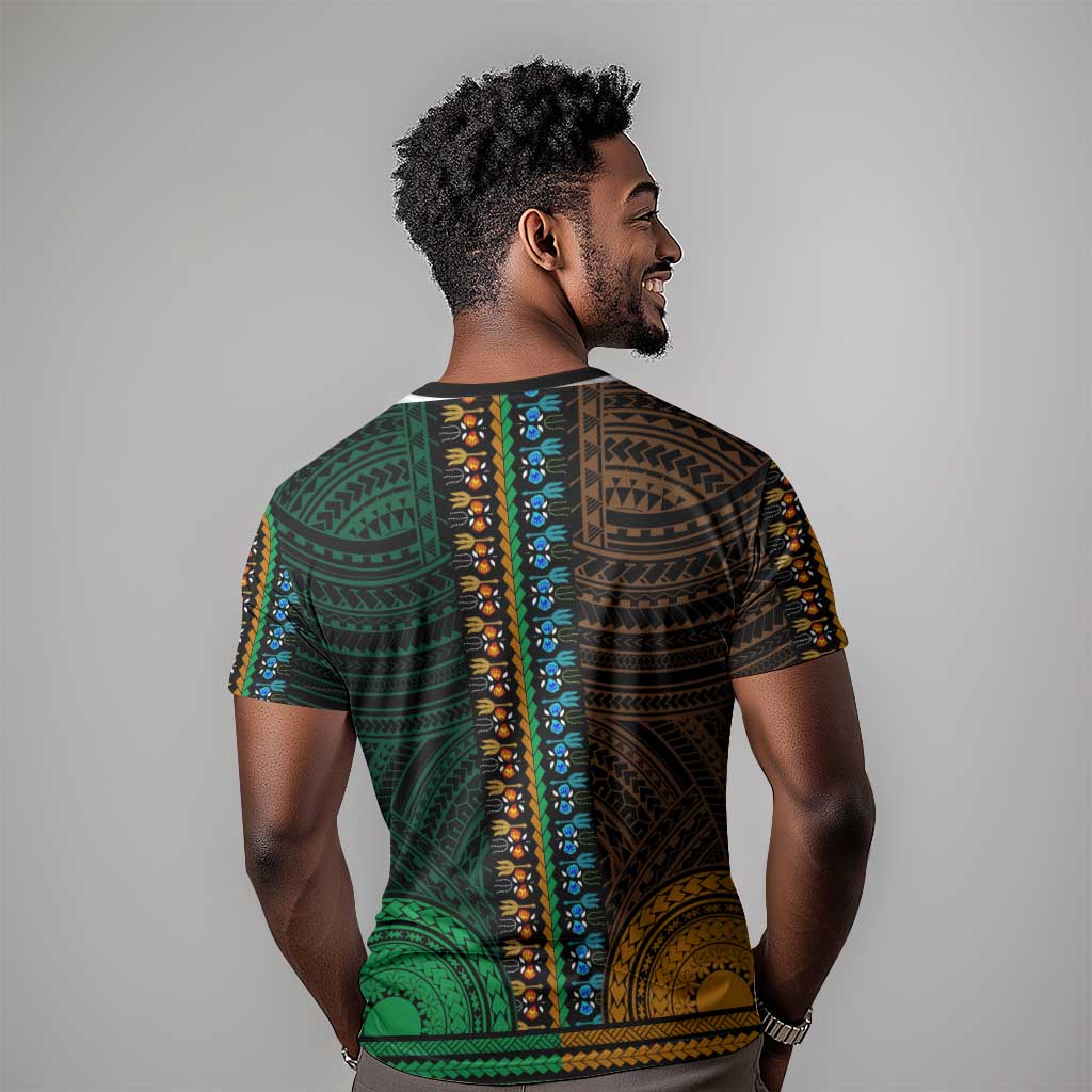 African Dashiki and Polynesian Pattern T shirt Half Green-Gold LT9