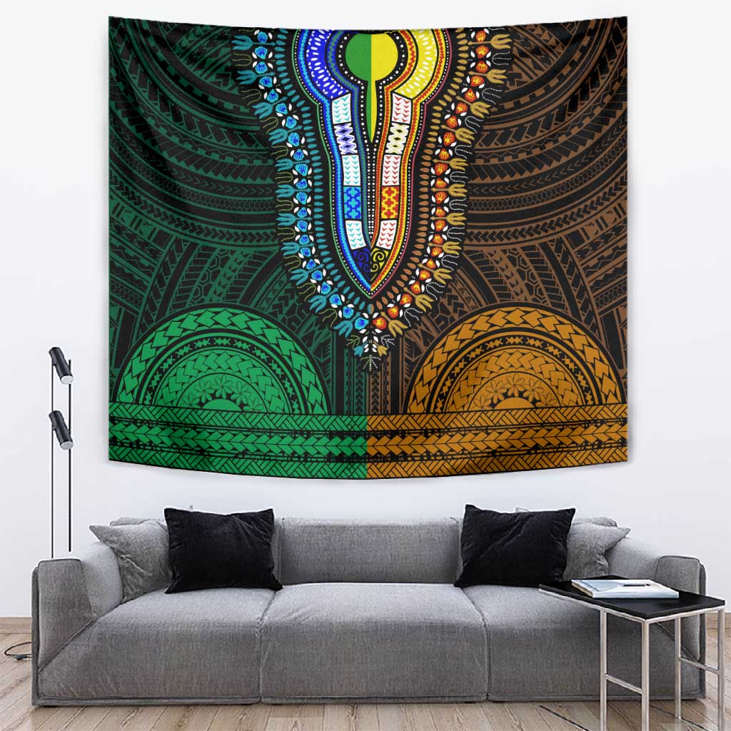 African Dashiki and Polynesian Pattern Tapestry Half Green-Gold LT9