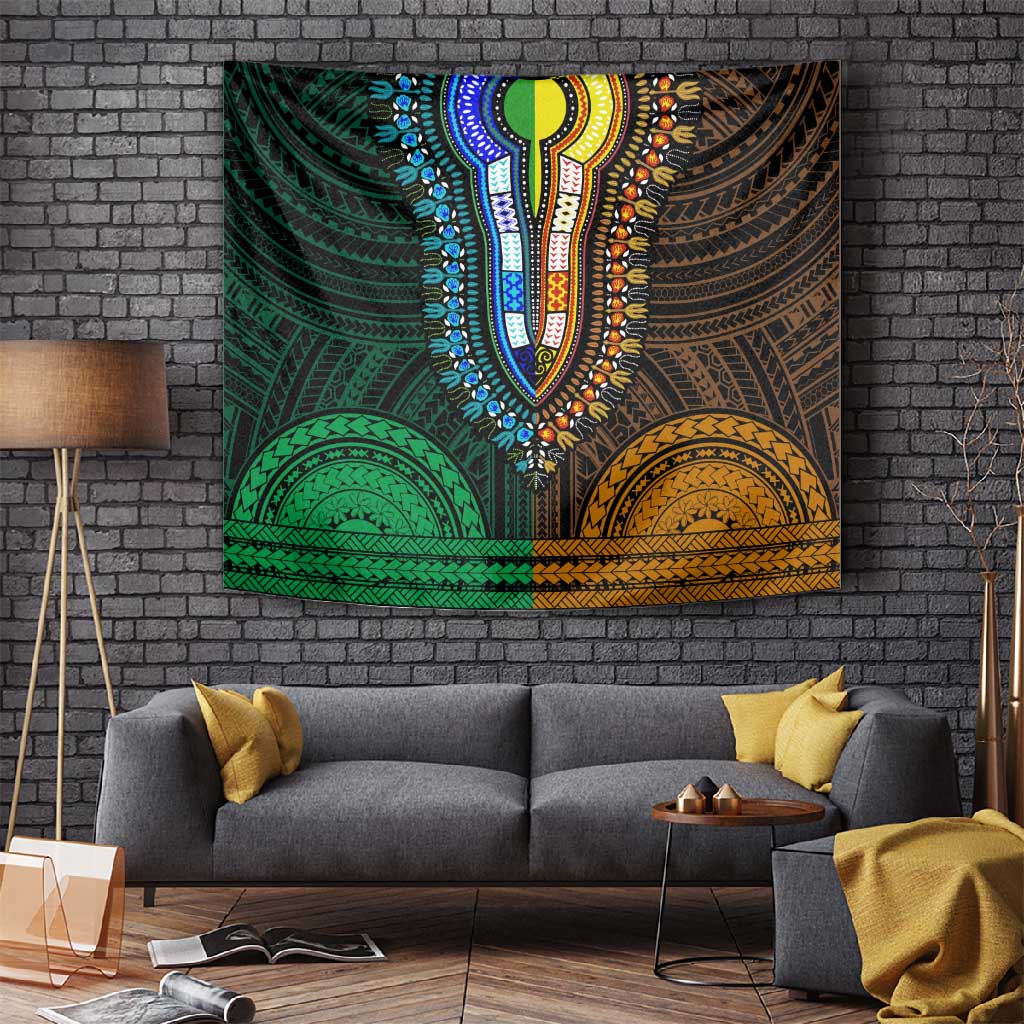 African Dashiki and Polynesian Pattern Tapestry Half Green-Gold LT9