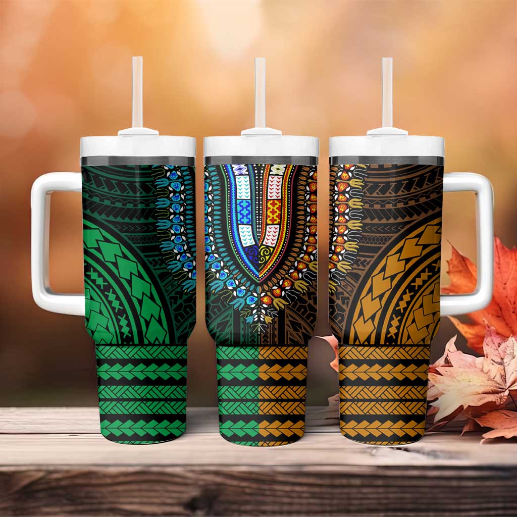 African Dashiki and Polynesian Pattern Tumbler With Handle Half Green-Gold LT9