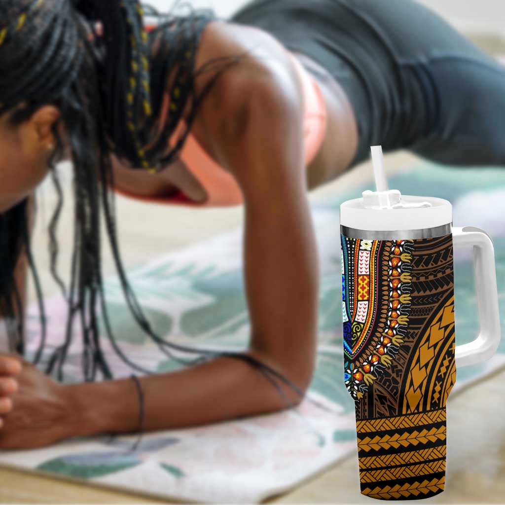 African Dashiki and Polynesian Pattern Tumbler With Handle Half Green-Gold LT9