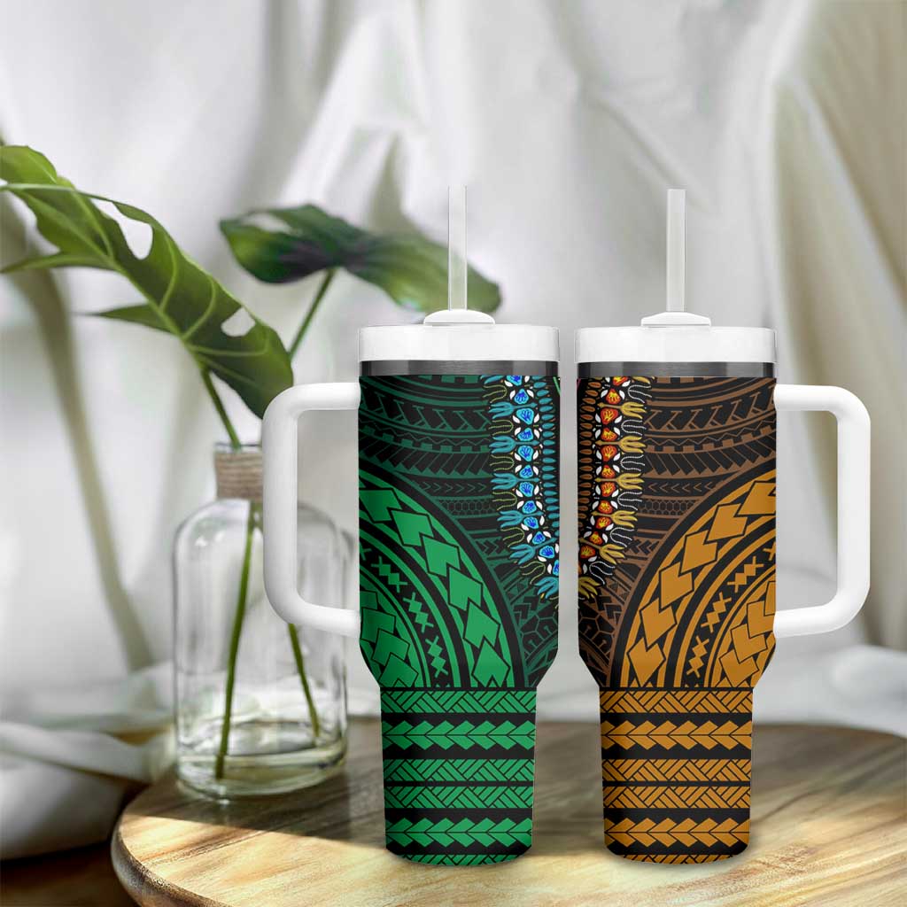 African Dashiki and Polynesian Pattern Tumbler With Handle Half Green-Gold LT9