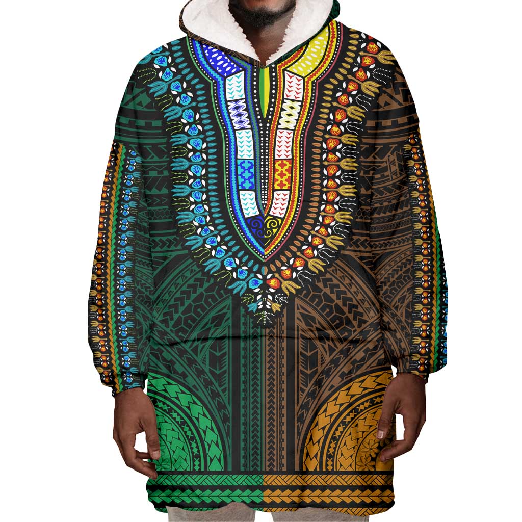 African Dashiki and Polynesian Pattern Wearable Blanket Hoodie Half Green-Gold LT9