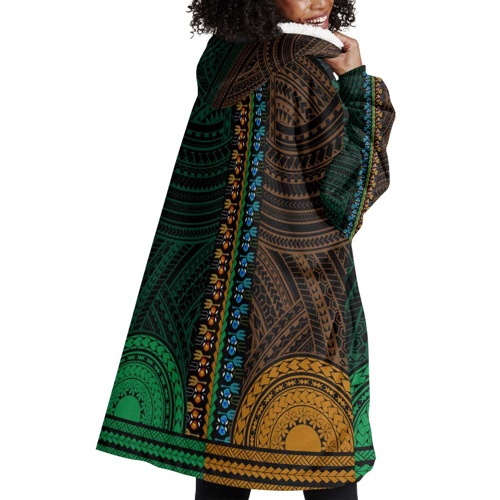 African Dashiki and Polynesian Pattern Wearable Blanket Hoodie Half Green-Gold LT9