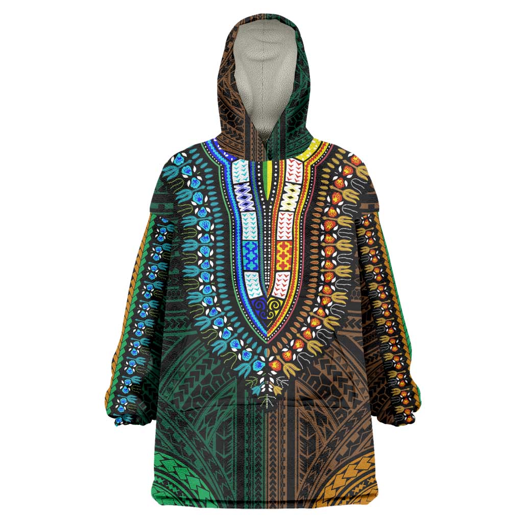 African Dashiki and Polynesian Pattern Wearable Blanket Hoodie Half Green-Gold LT9