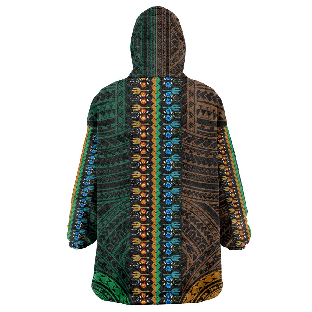 African Dashiki and Polynesian Pattern Wearable Blanket Hoodie Half Green-Gold LT9