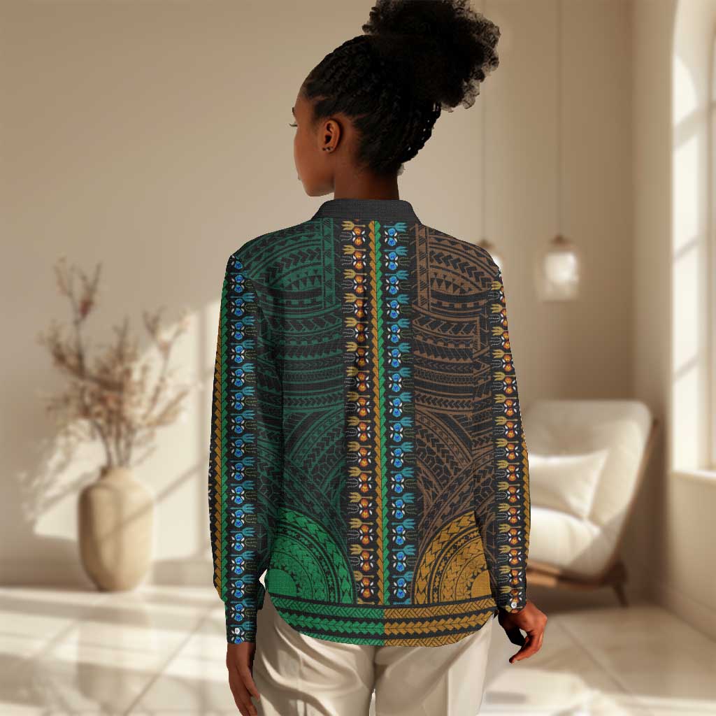 African Dashiki and Polynesian Pattern Women Casual Shirt Half Green-Gold LT9