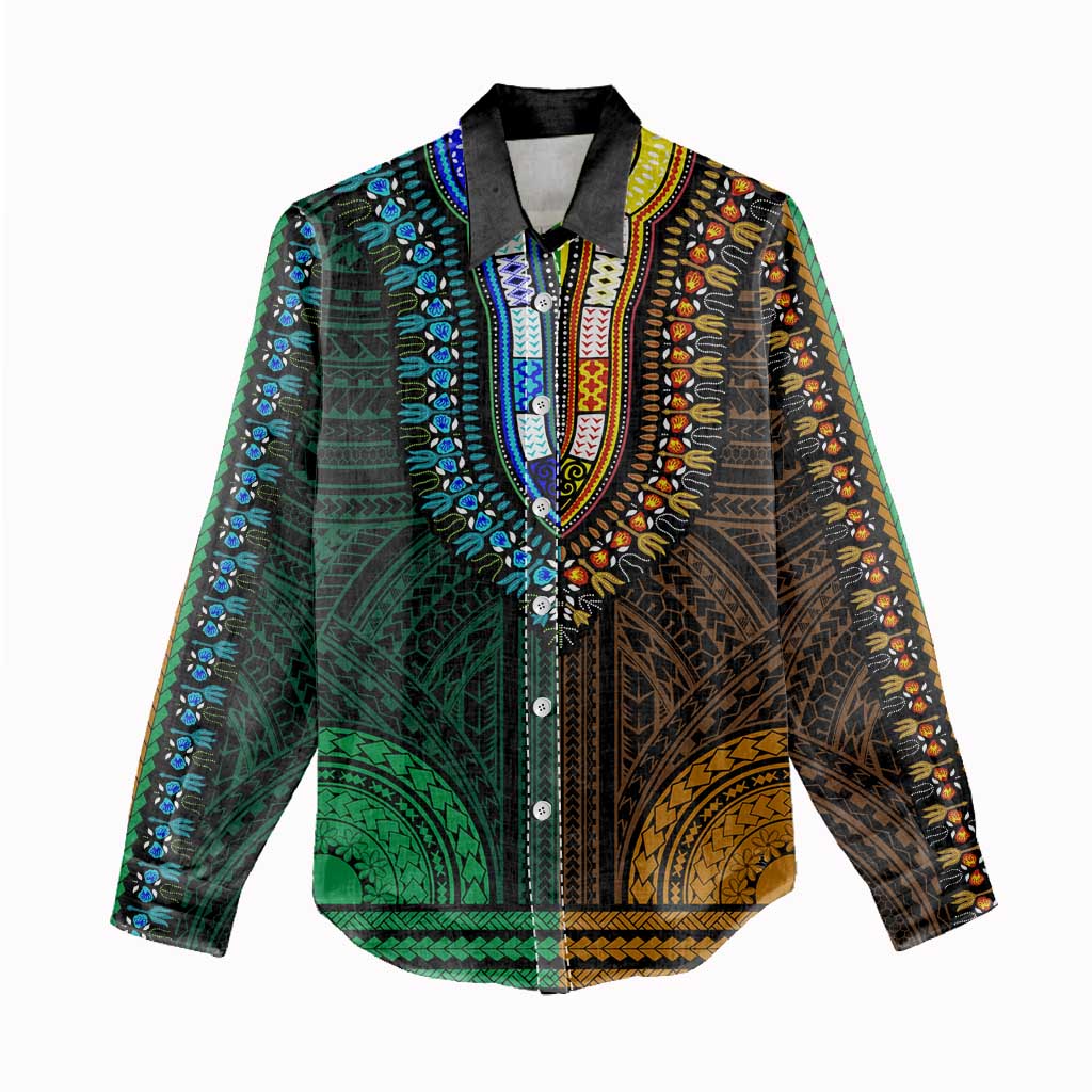 African Dashiki and Polynesian Pattern Women Casual Shirt Half Green-Gold LT9