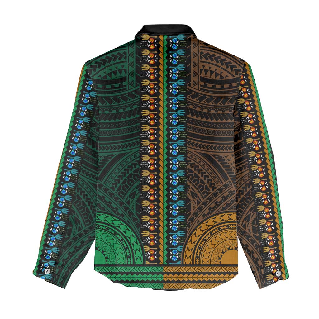 African Dashiki and Polynesian Pattern Women Casual Shirt Half Green-Gold LT9