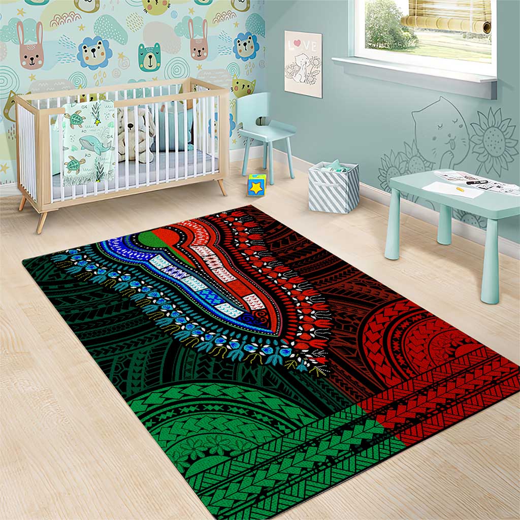 African Dashiki and Polynesian Pattern Area Rug Half Green-Red LT9
