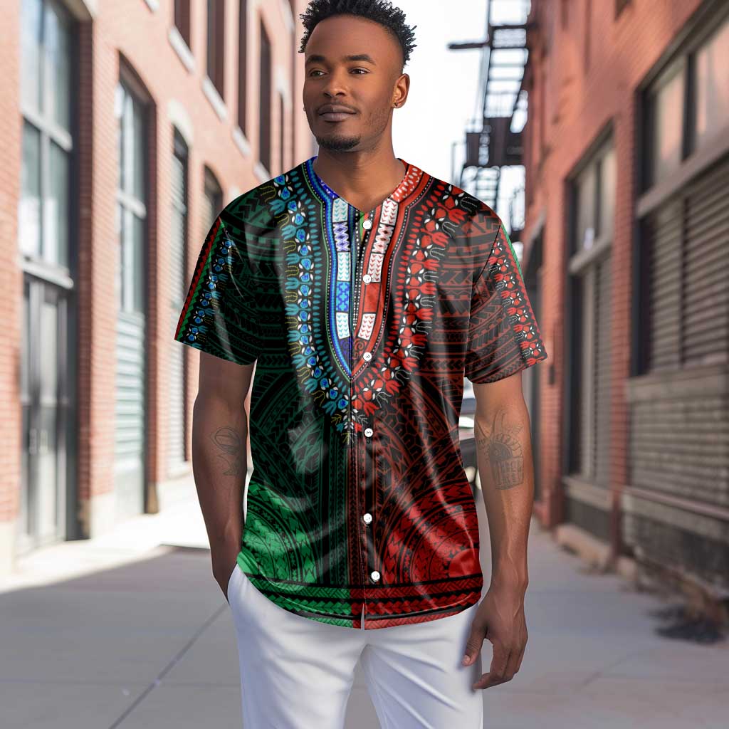 African Dashiki and Polynesian Pattern Baseball Jersey Half Green-Red LT9