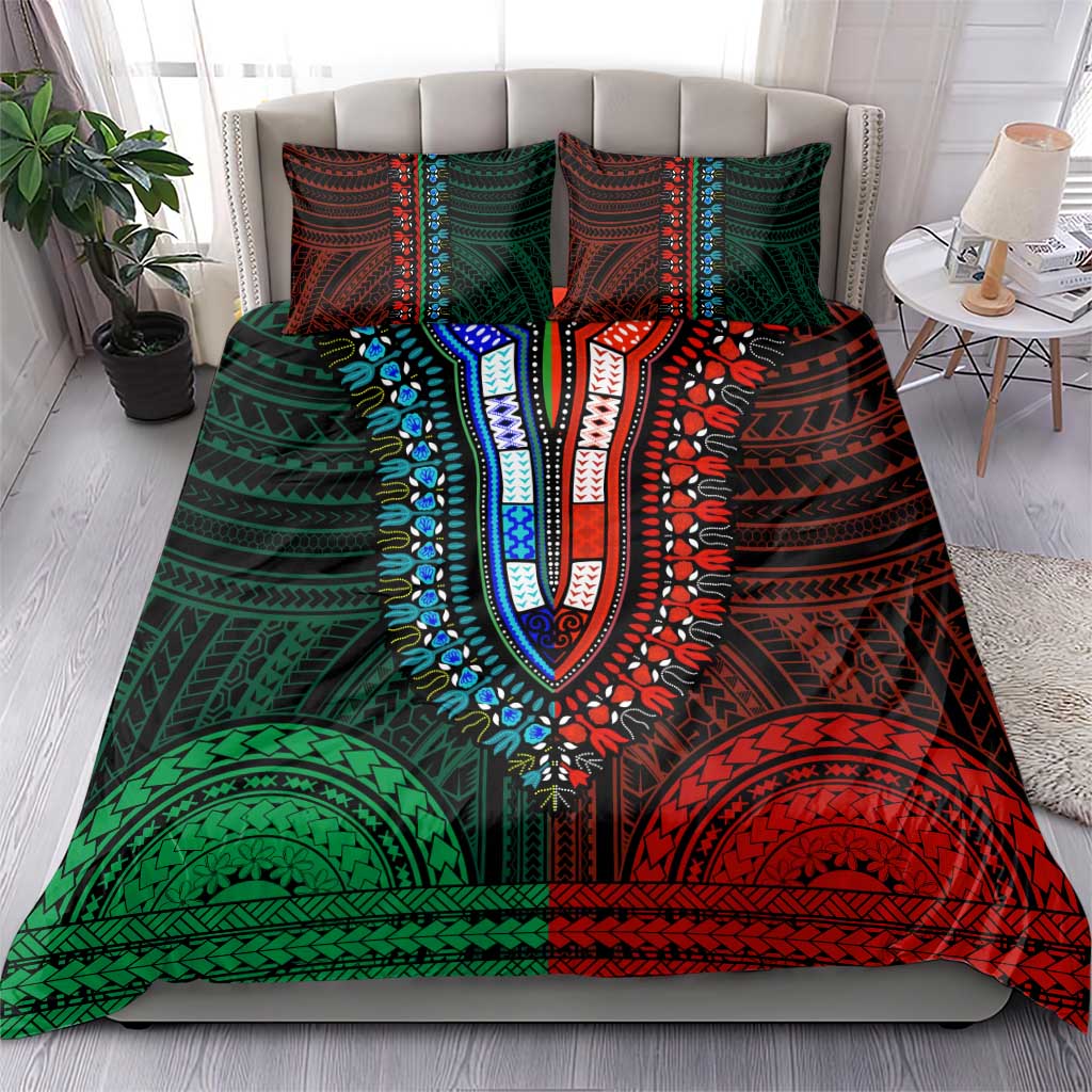 African Dashiki and Polynesian Pattern Bedding Set Half Green-Red LT9