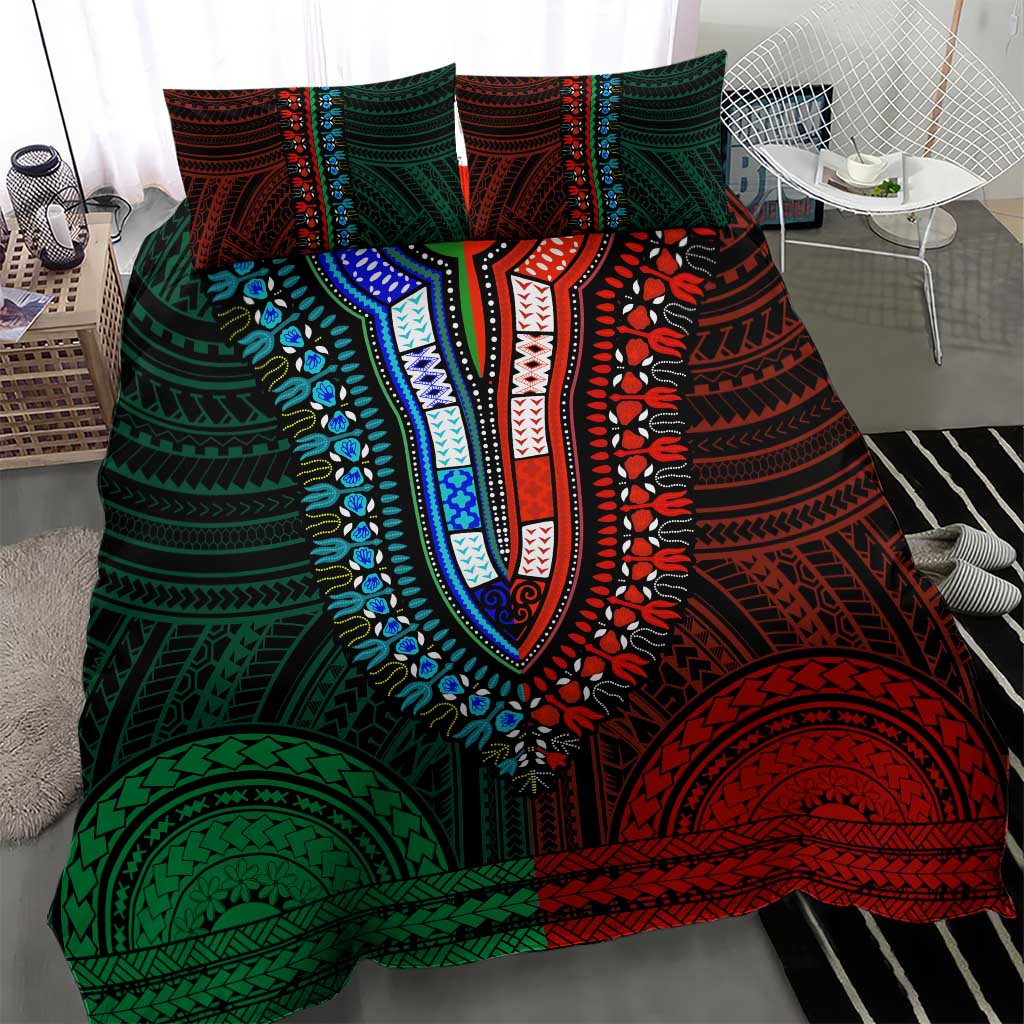 African Dashiki and Polynesian Pattern Bedding Set Half Green-Red LT9