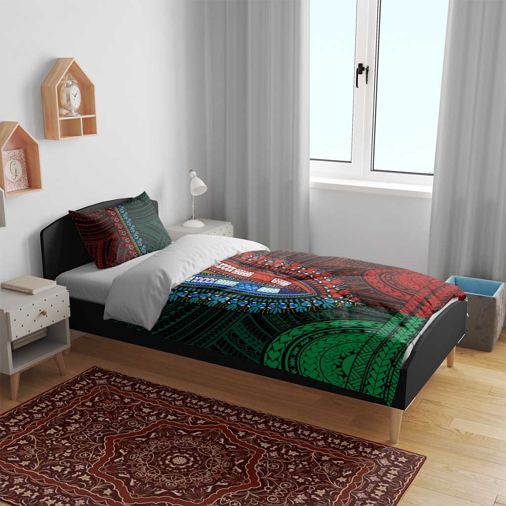 African Dashiki and Polynesian Pattern Bedding Set Half Green-Red LT9