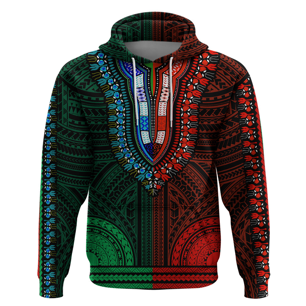 African Dashiki Hoodie With Polynesian Pattern - Half Green and Red LT9