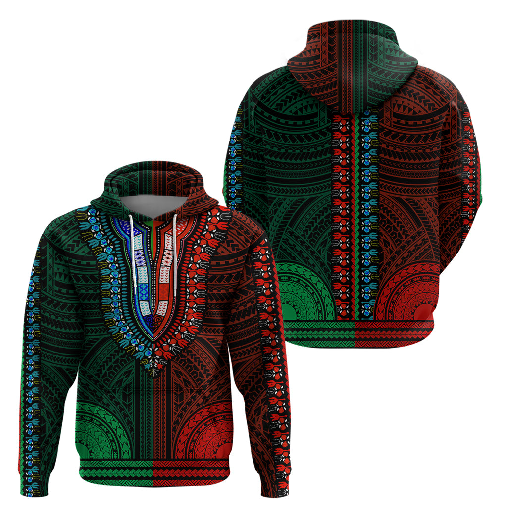 African Dashiki Hoodie With Polynesian Pattern - Half Green and Red LT9