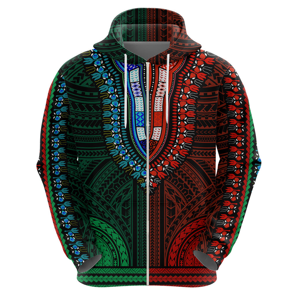 African Dashiki Hoodie With Polynesian Pattern - Half Green and Red LT9
