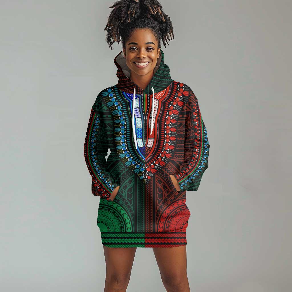 African Dashiki and Polynesian Pattern Hoodie Dress Half Green-Red LT9