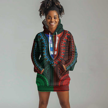 African Dashiki and Polynesian Pattern Hoodie Dress Half Green-Red LT9