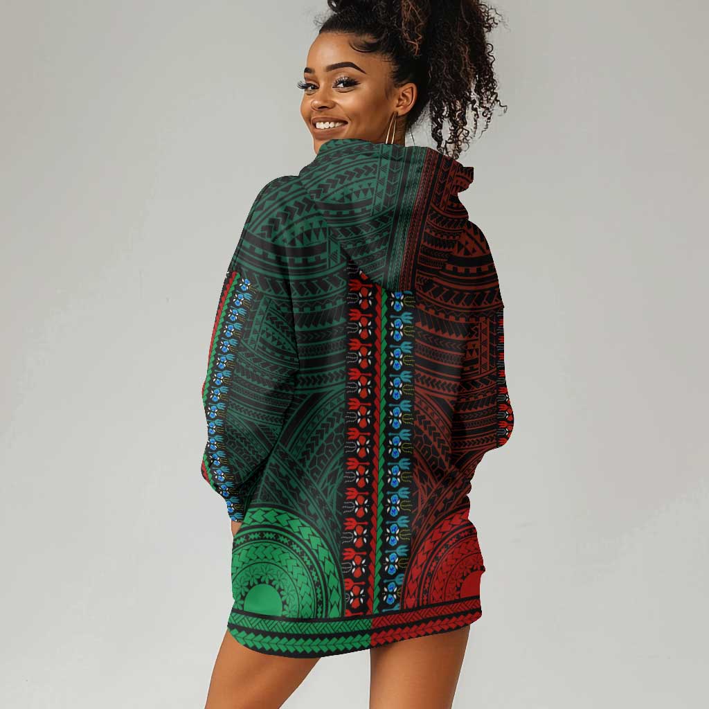 African Dashiki and Polynesian Pattern Hoodie Dress Half Green-Red LT9