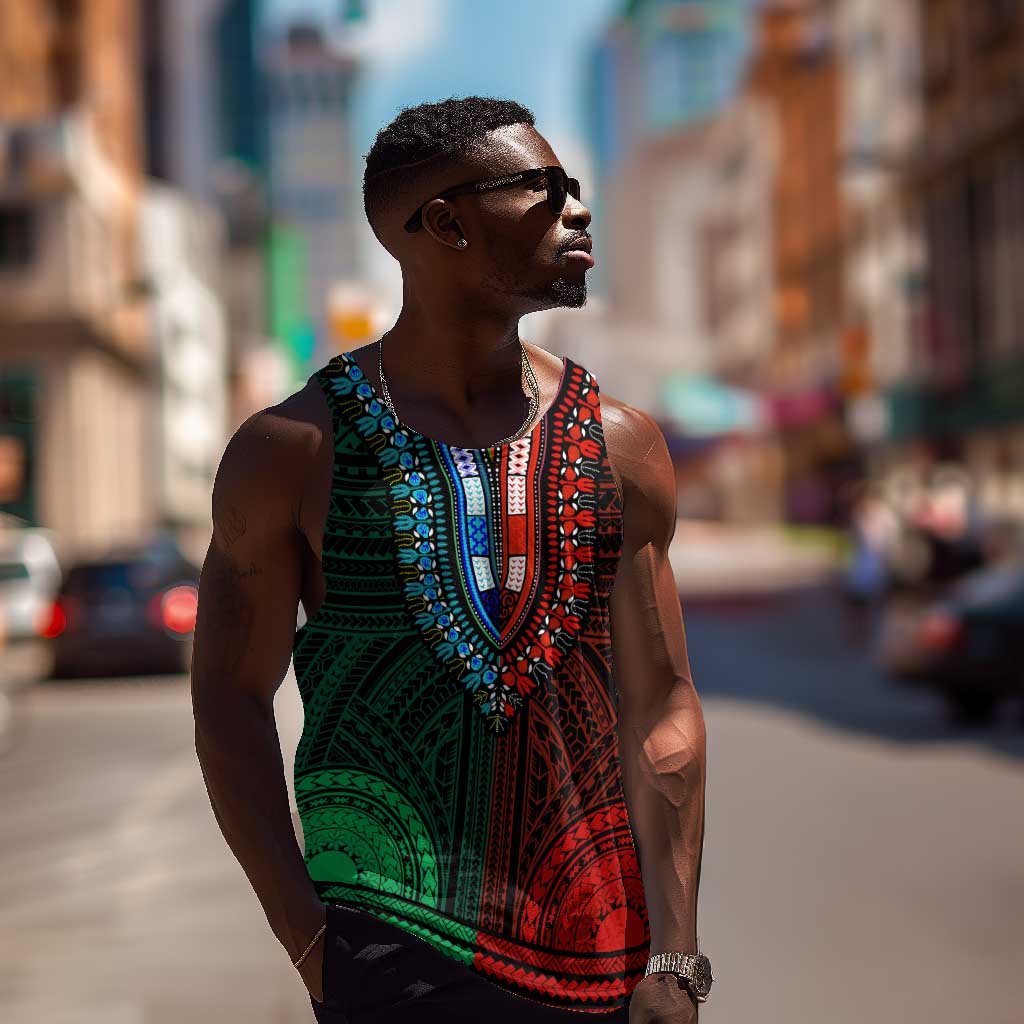 African Dashiki and Polynesian Pattern Men Tank Top Half Green-Red LT9
